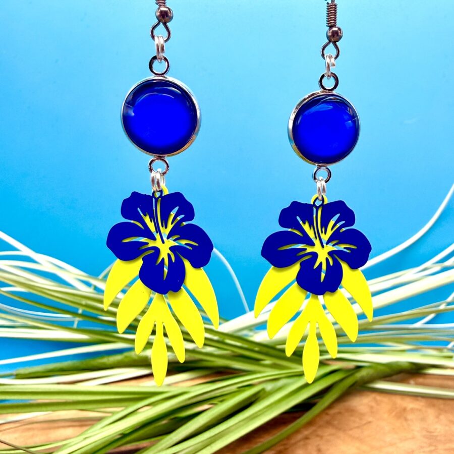 Boucles d’oreilles fluo bleu jaune hibiscus artisanal