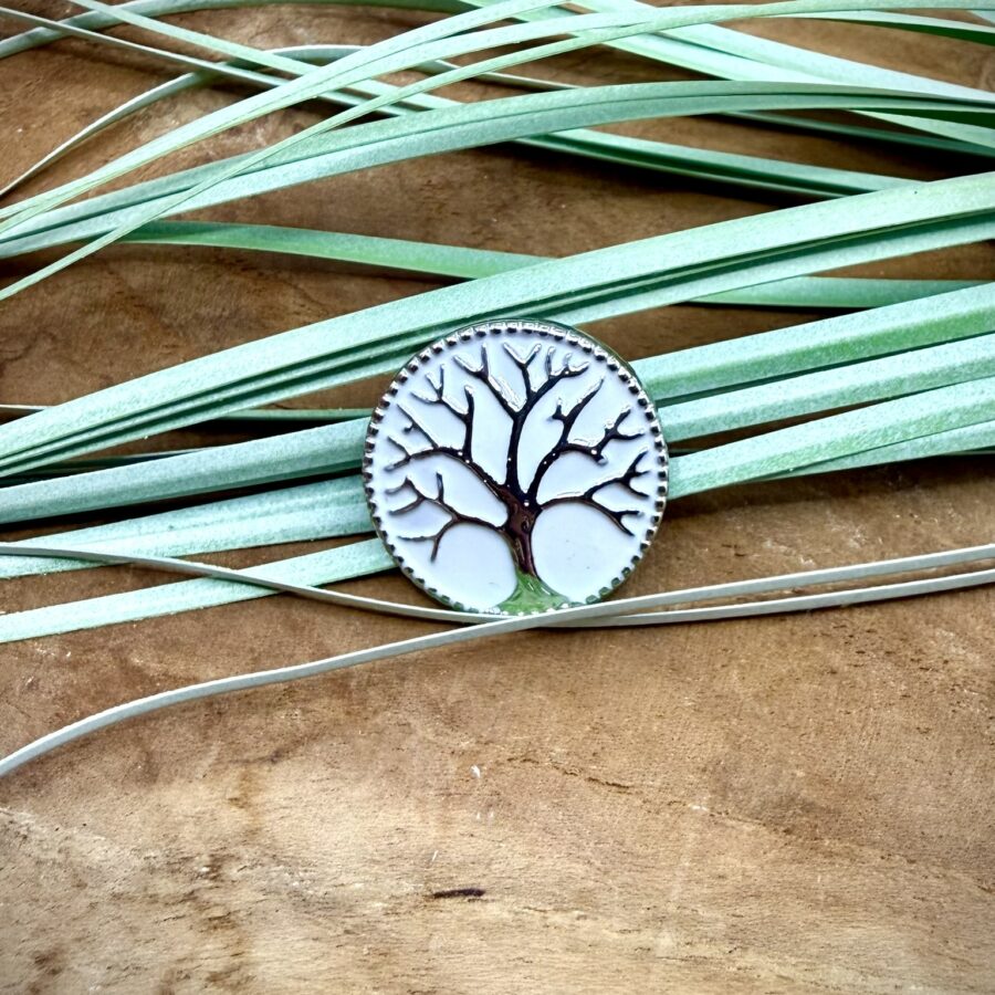Bouton pression interchangeable arbre de vie blanc avec branches foncées et contour argenté
