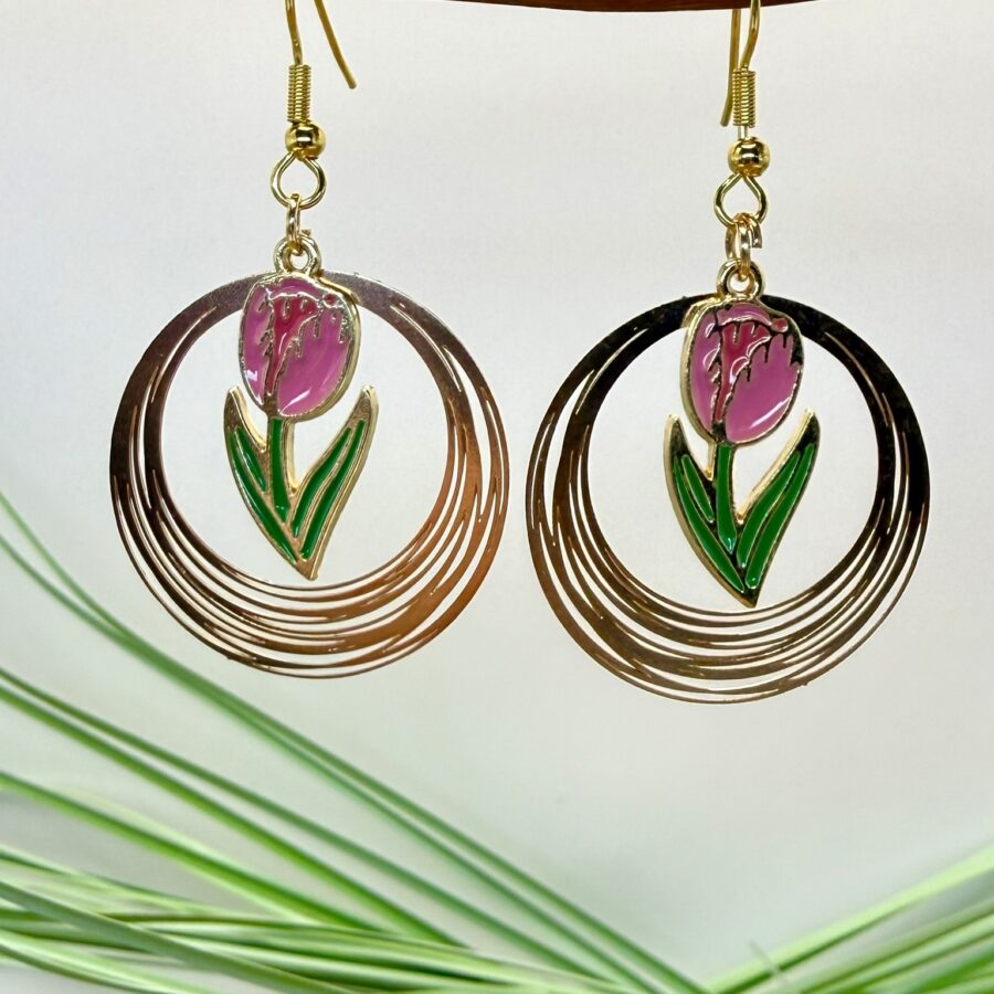 Boucles d’oreilles tulipe en métal émaillé avec anneau rond et fleur colorée