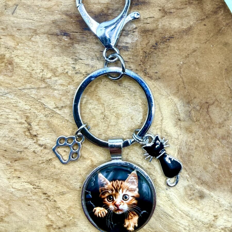 Porte-clés chat en acier inoxydable avec cabochon de 25 mm représentant un chaton au regard attendrissant, breloque patte et breloque chat noir émaillée.