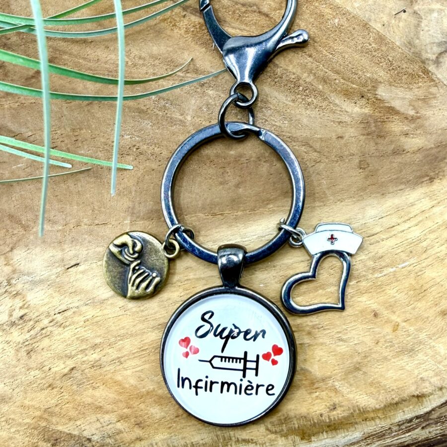 Porte-clés infirmière en acier inoxydable avec cabochon Super Infirmière de 25 mm, breloque mains formant un cœur et breloque cœur avec coiffe d'infirmière.